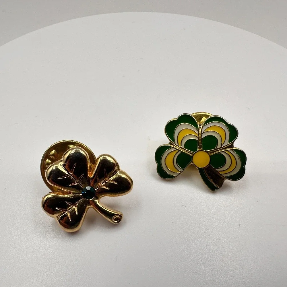 Vintage 90s Shamrock Lapel Pins Set Green Enamel Gold Tone Floral Rhinestone Y2K